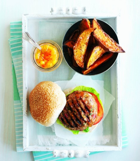 Turkey and apricot burgers with sweet potato wedges