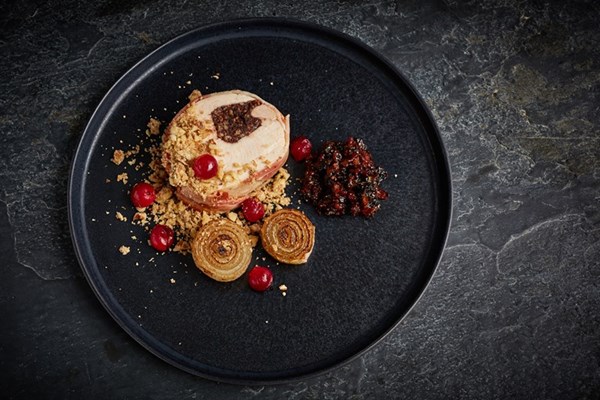 Turkey and black pudding ballotine with smoked bacon jam, onions, walnut crumble and pickled cranberries