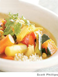 Turkey and fall vegetables in a saffron broth