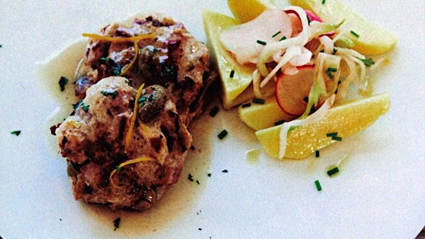 Turkey and ham frikadeller with marinated fennel and radishes and steamed potatoes