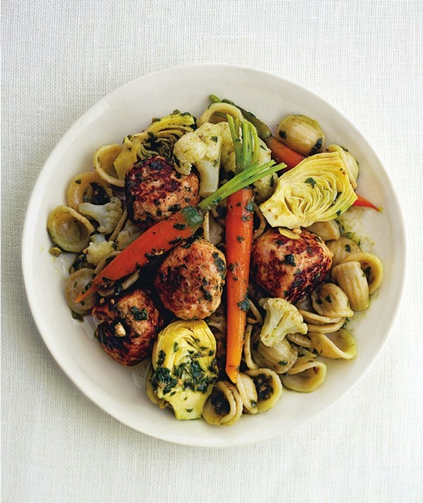 Turkey and pork meatballs with orecchiette pasta and spinach-almond pesto