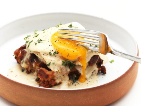 Turkey and stuffing waffle croque-madame sandwich