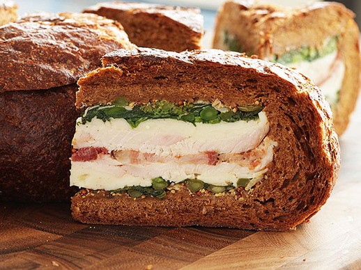 Turkey, bacon, and broccoli rabe shooter's-style sandwich