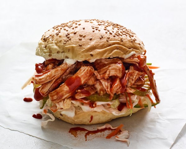 Turkey barbecue sandwiches with pickles and slaw