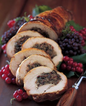 Turkey breast roulade with crimini, porcini, and pancetta