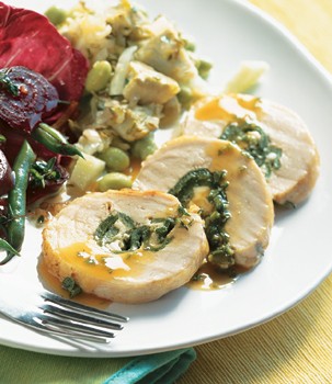 Turkey breast roulade with green chiles and feta