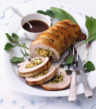 Turkey breast stuffed with matzo and fennel