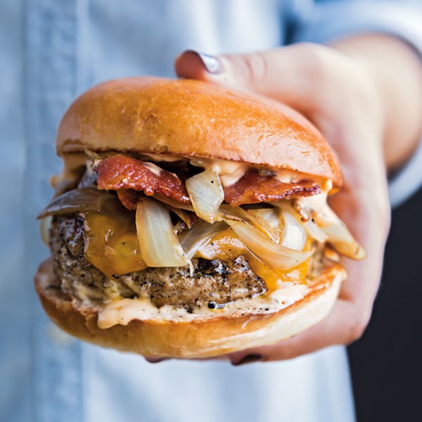 Turkey burgers with cheddar, sautéed onions & bacon