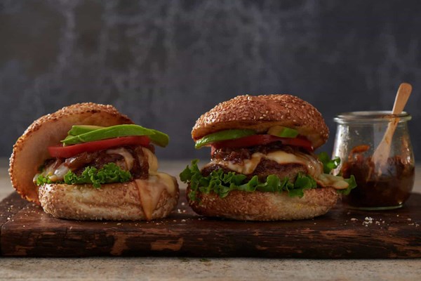 Turkey burgers with Muenster and caramelized onions