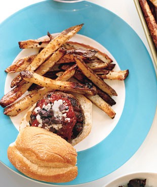 Turkey burgers with tomato jam, olives, and feta