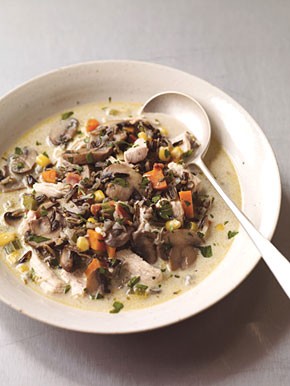 Turkey chowder with wild rice, crimini, and pancetta