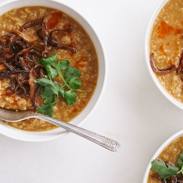 Turkey congee with crispy shiitake mushrooms