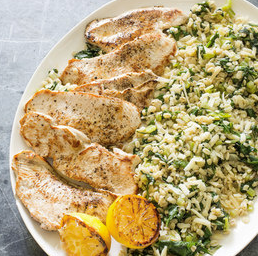 Turkey cutlets with barley and Swiss chard