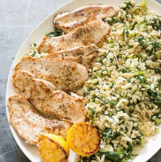 Turkey cutlets with barley and Swiss chard