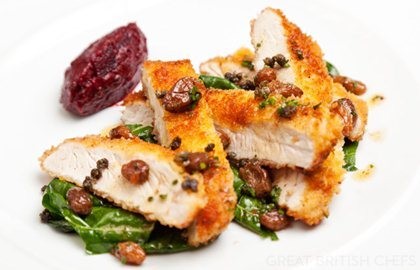 Turkey escalope with beetroot and caper chutney, golden raisins and pan juices