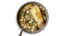 Turkey, escarole, and white bean soup with cheesy crouton