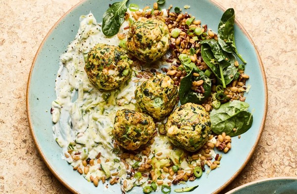 Turkey feta meatballs with courgette yogurt & lemony grains
