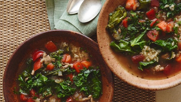 Turkey, kale, and brown rice soup