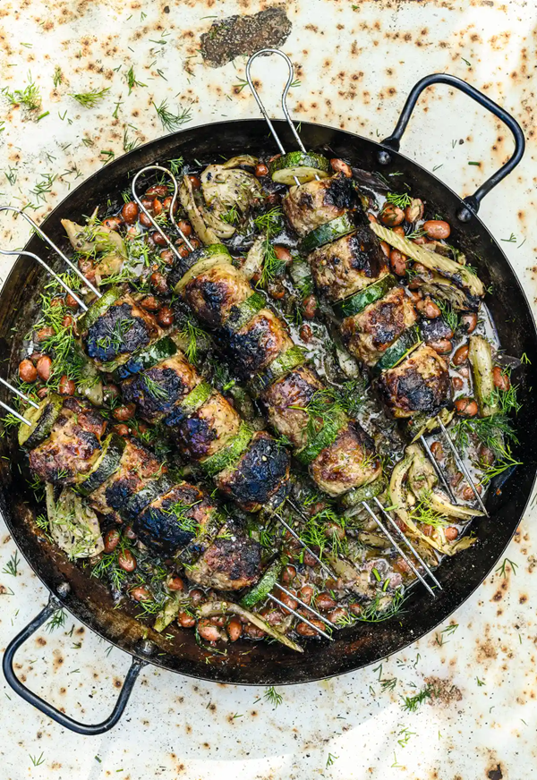 Turkey meatball skewers, fennel and bean stew