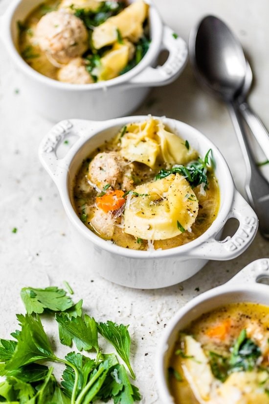 Turkey meatball spinach tortellini soup