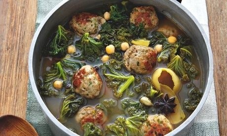 Turkey meatballs and kale in lemon broth