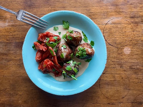 Turkey meatballs with roasted tomatoes and tahini