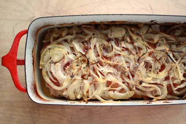 Turkey meatloaf and quick pickled chard stems