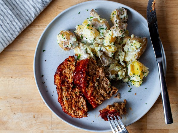 Turkey meatloaf for skeptics [crushed ranch-y potatoes]