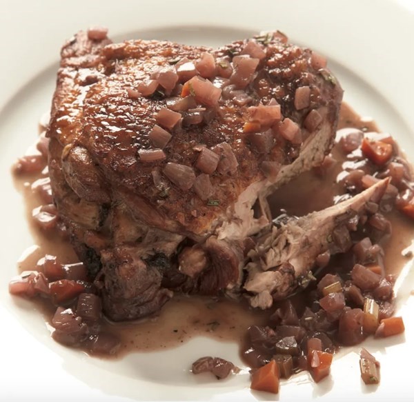 Turkey parts braised in red wine