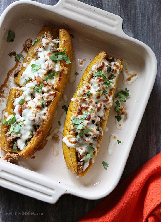 Turkey picadillo stuffed sweet plantains