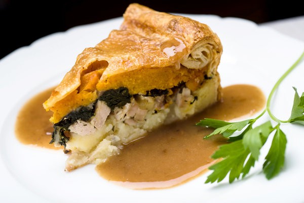 Turkey pie with potatoes, squash, chard and cheddar