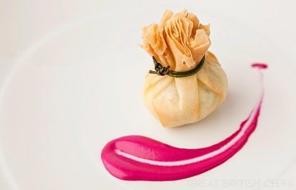 Turkey pine nut potli with beetroot mayonnaise