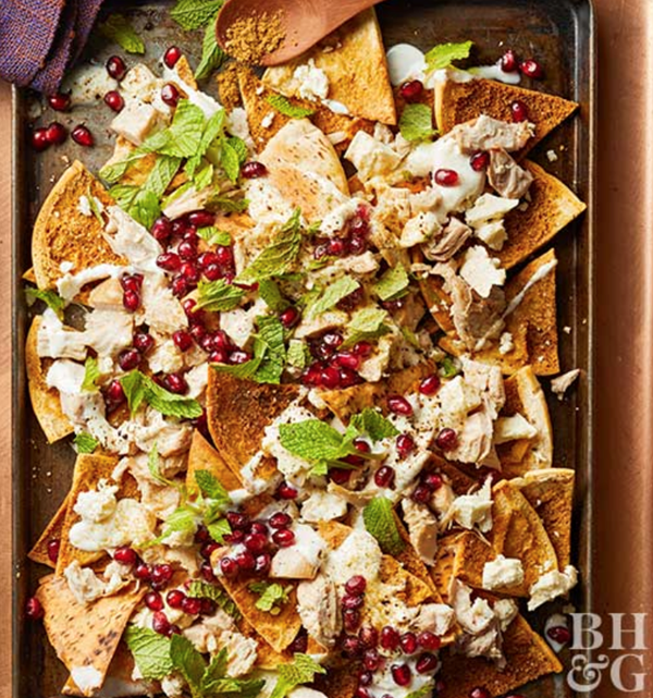 Turkey pita nachos with pomegranate and mint