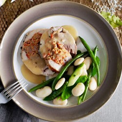 Turkey roll with pork and capsicum stuffing and bean and snow pea salad