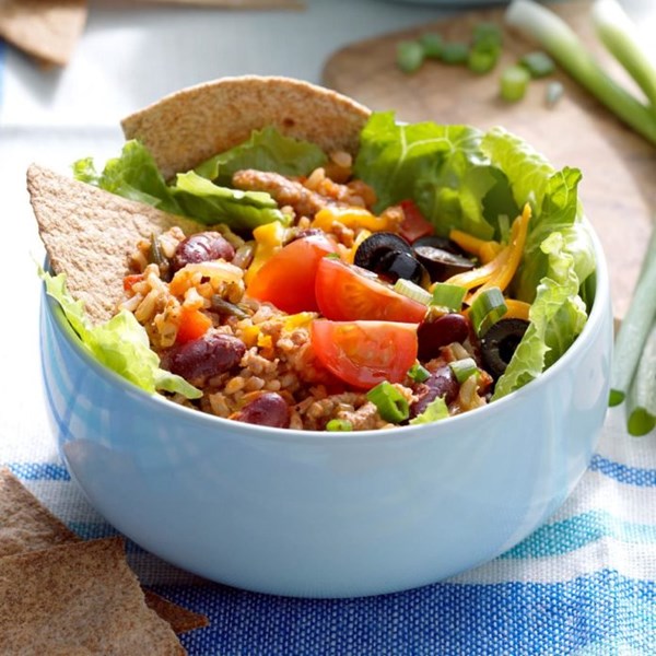 Turkey salsa bowls with tortilla wedges