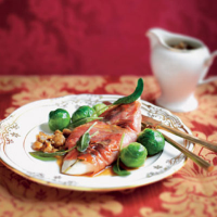 Turkey saltimbocca with Marsala and chestnut sauce and Brussels sprouts 