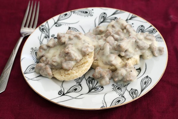 Turkey sausage gravy with Greek yogurt pepper biscuits