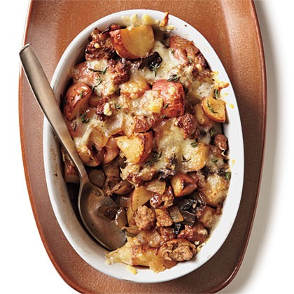 Turkey sausage, mushroom, and potato gratin