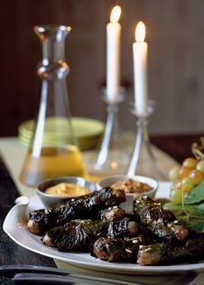 Turkey sausages in vine leaves