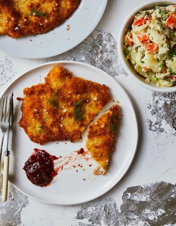 Turkey schnitzel, Russian salad and cranberry ketchup