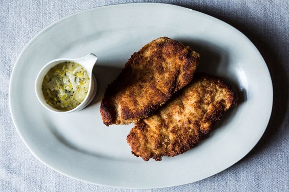 Turkey schnitzel with leeks and butter sage sauce