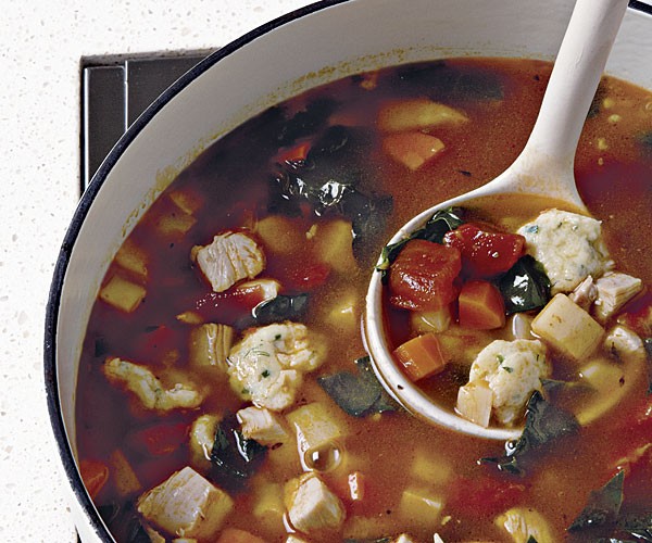 Turkey soup with dill, parsley, and chive dumplings