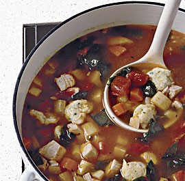 Turkey soup with dill, parsley, and chive dumplings