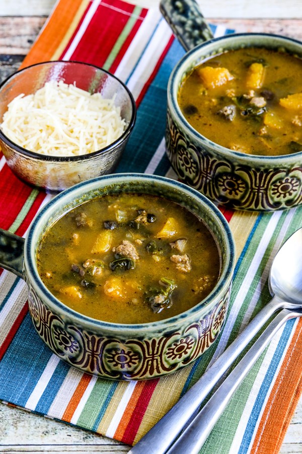 Turkey soup with kale, mushrooms, and butternut squash