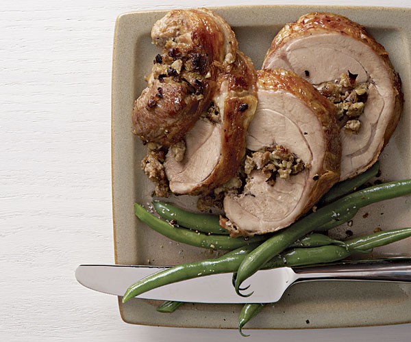 Turkey thighs stuffed with porcini, sausage,, and artichoke hearts