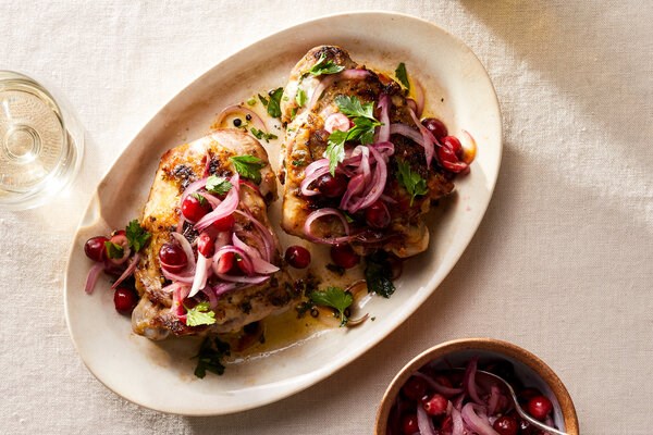 Turkey thighs with pickled cranberries and onions for two