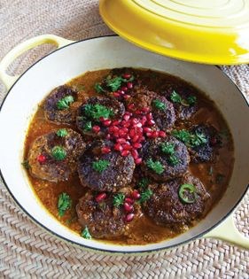 Turkey, walnut + potato patties in pomegranate sauce (Shami kabab-e khorramabad)
