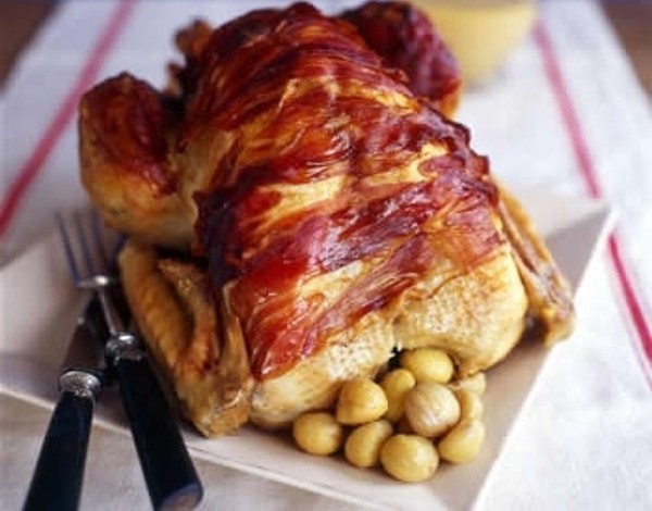 Turkey with apple and prune stuffing and glazed chestnuts