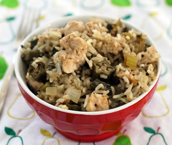 Turkey with Hatch chiles, okra & rice skillet