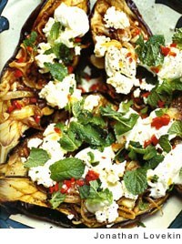 Turkish baked eggplant with chile, feta, and mint